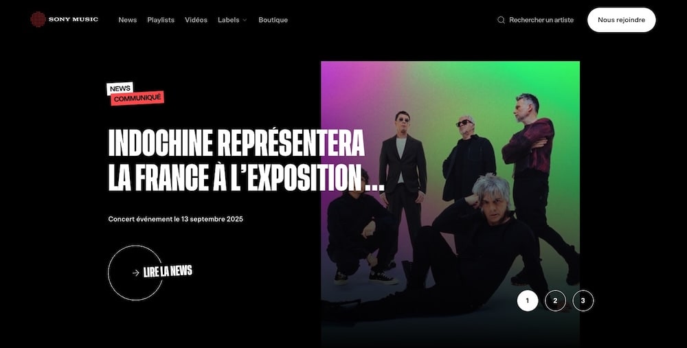 Première section du site de Sony Music