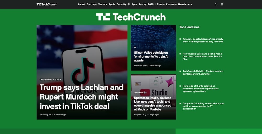 Site d'actualités TechCrunch basé sur WordPress