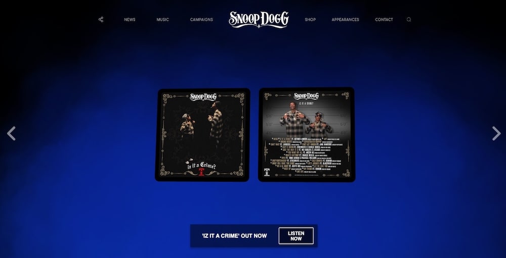 Homepage du site de Snoop Dogg tournant sur WordPress