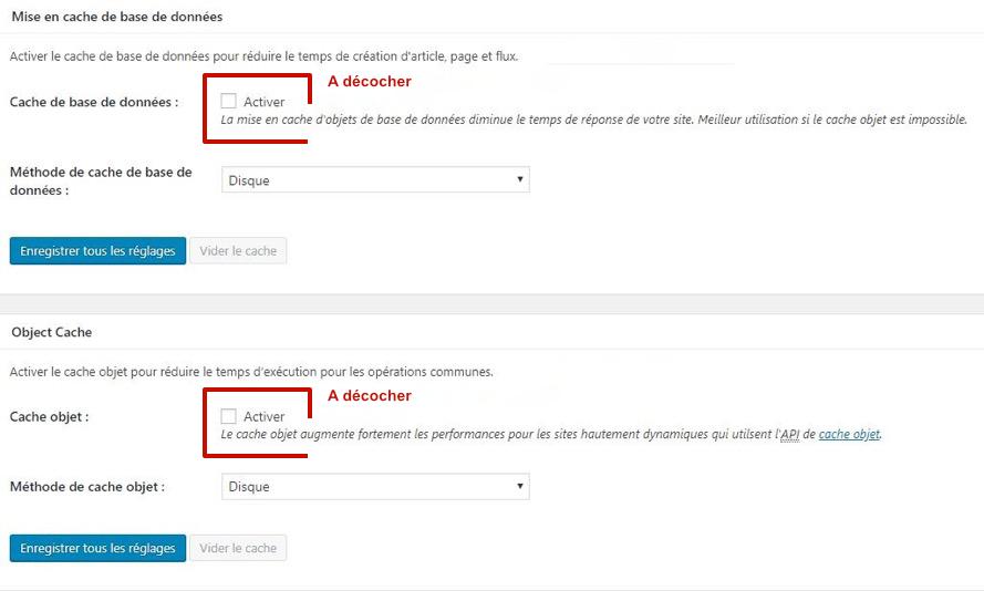 Désactiver le cache base de données et le cache objet