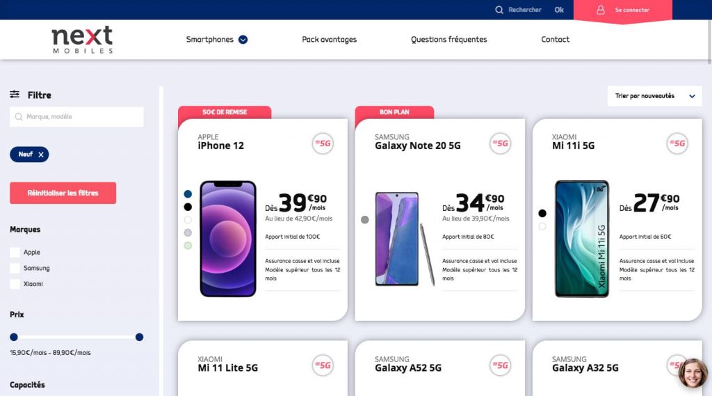 Page produit du site web nextmobiles.com