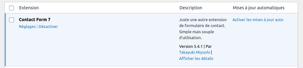 Ecran WordPress montrant le plugin Contact Form 7