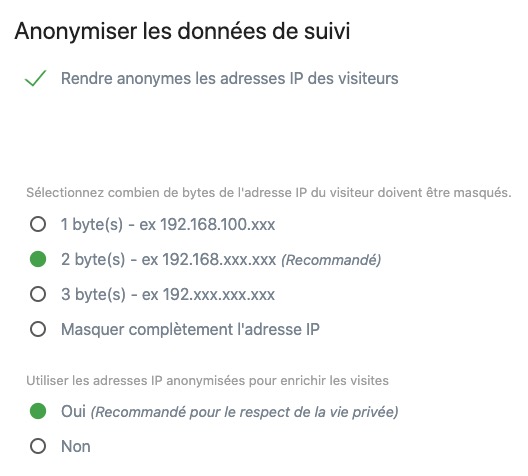 Impression d'écran de la partie Anonymisation des données de Matomo Analytics